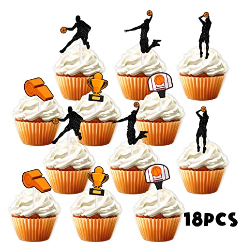 18pcs Black Glitter Dessert Cupcake Topper Play Basketball Theme...