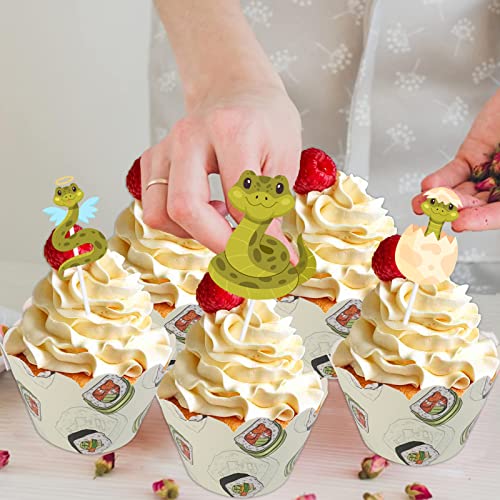 18pcs Green Glitter Dessert Cupcake Reptile Pet Snake Theme Deco...