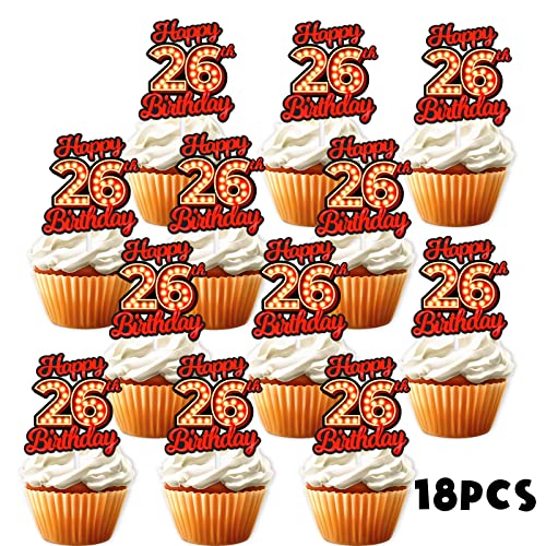 18pcs Happy 26th Birthday Dessert Cupcake Topper Fluorescent Fla...