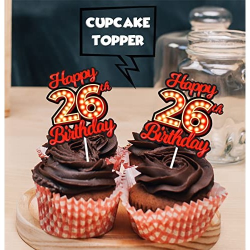18pcs Happy 26th Birthday Dessert Cupcake Topper Fluorescent Fla...