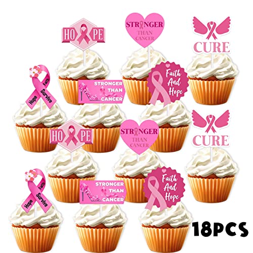 18pcs Pink Glitter Dessert Cupcake Topper Cancer Chemo Free Surv...