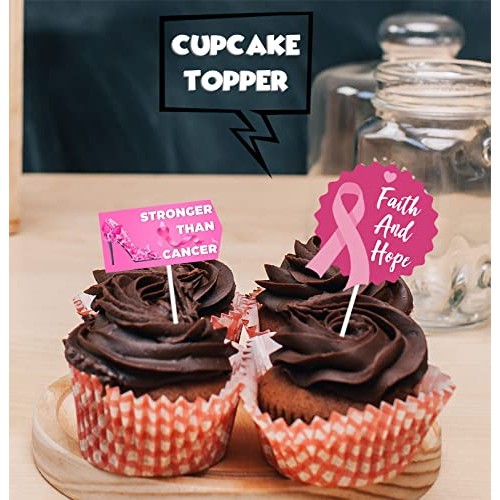 18pcs Pink Glitter Dessert Cupcake Topper Cancer Chemo Free Surv...