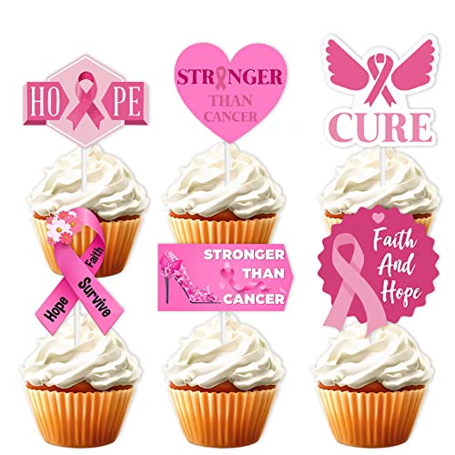 18pcs Pink Glitter Dessert Cupcake Topper Cancer Chemo Free Surv...