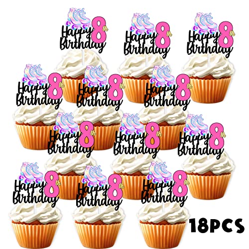 18pcs Pink Glitter Roller Skates Happy Birthday Dessert Cupcake ...