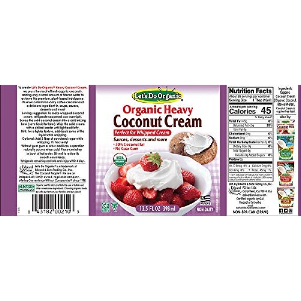 Lets Do Organic Heavy Coconut Cream For Whipped Cream 13.5 Ounce Desserts 