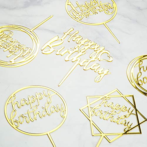 6-Pack Gold Birthday Cake Topper Set, Double-Sided Glitter, Acry