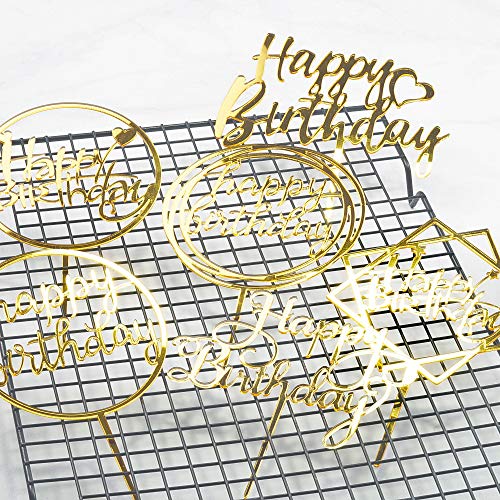 6-Pack Gold Birthday Cake Topper Set, Double-Sided Glitter, Acry