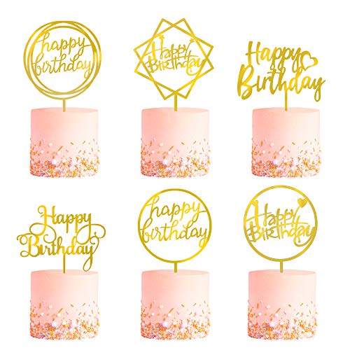 6-Pack Gold Birthday Cake Topper Set, Double-Sided Glitter, Acry