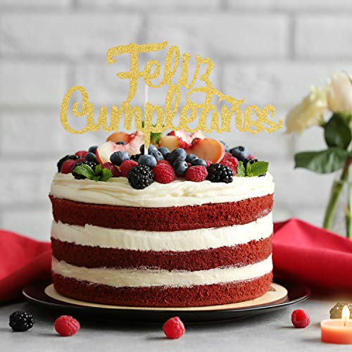 Spanish Feliz Cumpleaños Cake Topper - Gold Glitter Happy Birthd