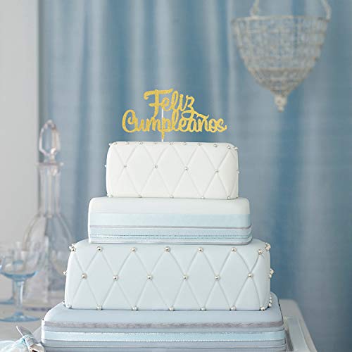 Spanish Feliz Cumpleaños Cake Topper - Gold Glitter Happy Birthd