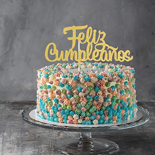 Spanish Feliz Cumpleaños Cake Topper - Gold Glitter Happy Birthd
