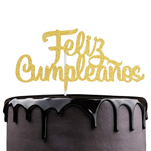 Spanish Feliz Cumpleaños Cake Topper - Gold Glitter Happy Birthd