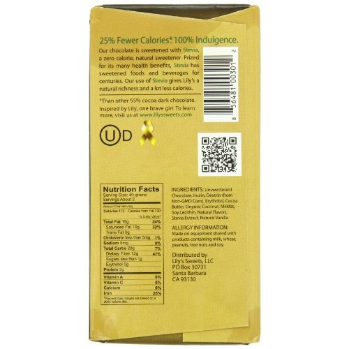 Lilys Dark Chocolate Bar With Stevia, Coconut, 3 Ounce Pack Of