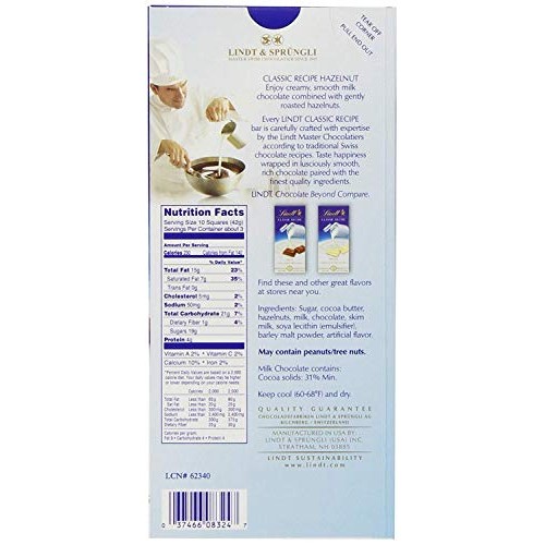 Lindt Classic Recipe Milk Chocolate Bar, Hazelnut, 4.4 Ounce Pa