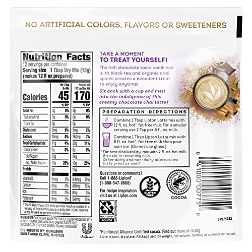 Lipton Chocolate Chai with Organic Spices Add Dairy NonDairy Mil...