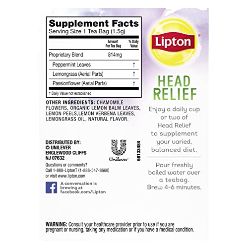 Lipton Head Relief Herbal Tea, Peppermint Lemongrass Passion Flo...