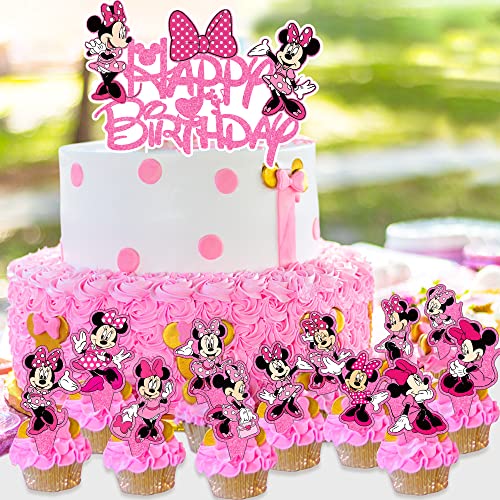 49Pcs Pink Mouse Cake Toppers Cupcake Toppers, 1Pcs Happy Birthd...