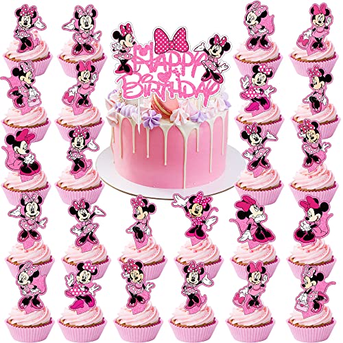49Pcs Pink Mouse Cake Toppers Cupcake Toppers, 1Pcs Happy Birthd...