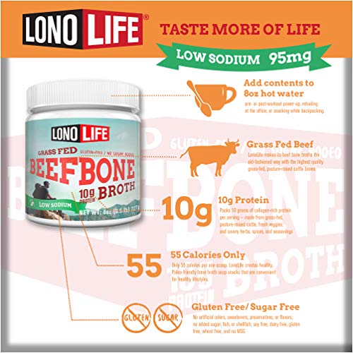 Lonolife Low-Sodium Grass-Fed Beef Bone Broth Powder With 10G Pr