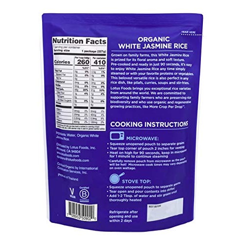 Lotus Foods Organic White Jasmine Heat &Amp; Eat Rice Pouch, 8 Ounce