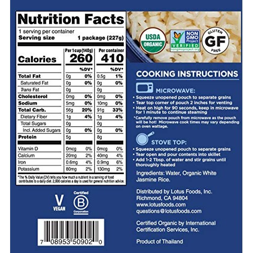 Lotus Foods Organic White Jasmine Heat &Amp; Eat Rice Pouch, 8 Ounce