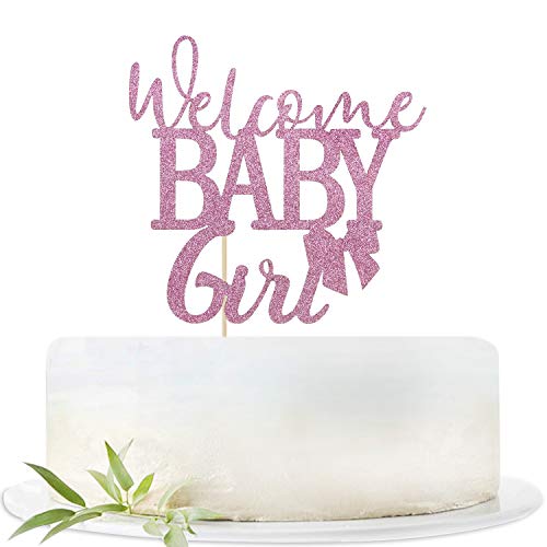 Glitter Pink Welcome Baby Girl Cake Topper-Girl Baby Shower Them