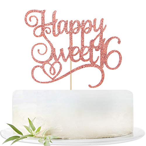 Rose Gold Glitter Happy Sweet 16 Cake Topper, Birthday Party Dec