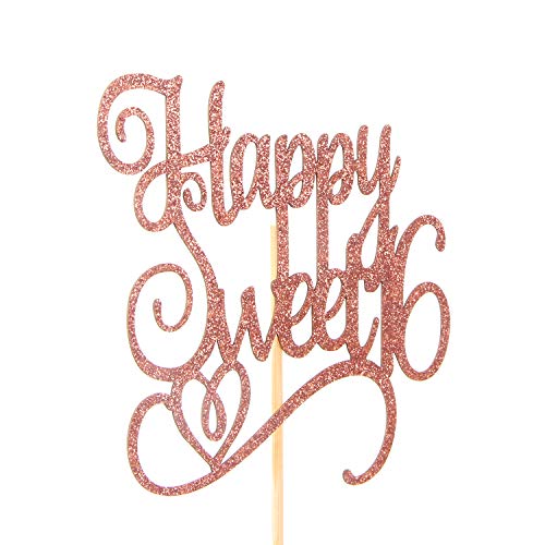 Rose Gold Glitter Happy Sweet 16 Cake Topper, Birthday Party Dec