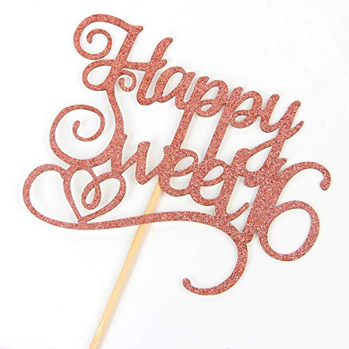 Rose Gold Glitter Happy Sweet 16 Cake Topper, Birthday Party Dec