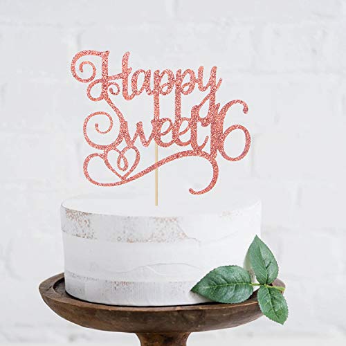 Rose Gold Glitter Happy Sweet 16 Cake Topper, Birthday Party Dec
