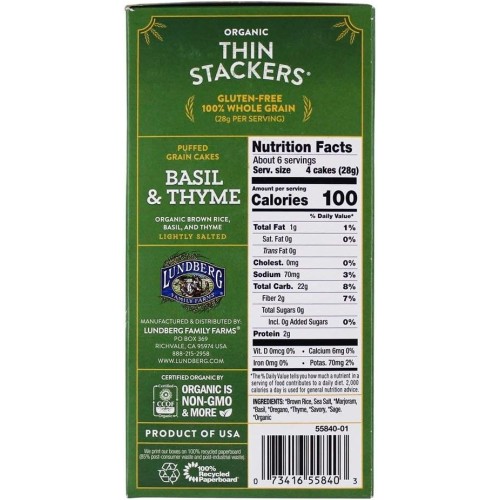 Lundberg Organic Thin Stackers, Basil & Thyme, 6 Oz, Gluten-Free, Vegan, Kosher, Usda Certified Organic, Non-Gmo Verified, Whole Grain Brown Rice, 6 Oz