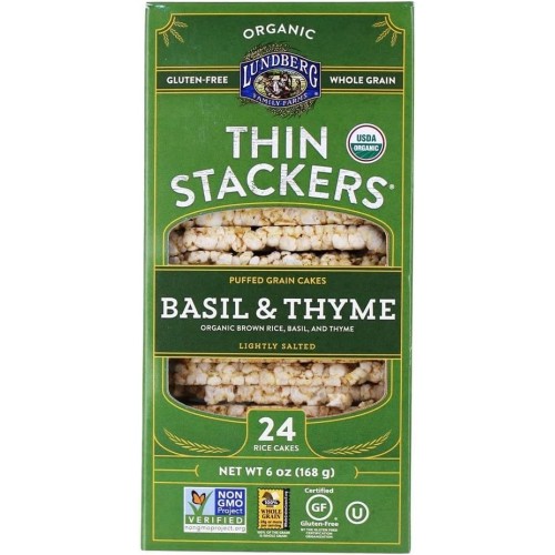 Lundberg Organic Thin Stackers, Basil & Thyme, 6 Oz, Gluten-Free, Vegan, Kosher, Usda Certified Organic, Non-Gmo Verified, Whole Grain Brown Rice, 6 Oz