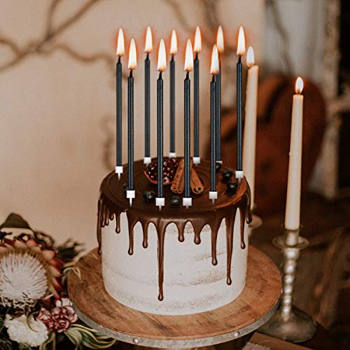 Luter 24Pcs Metallic Birthday Candles In Holders Black Tall Birt