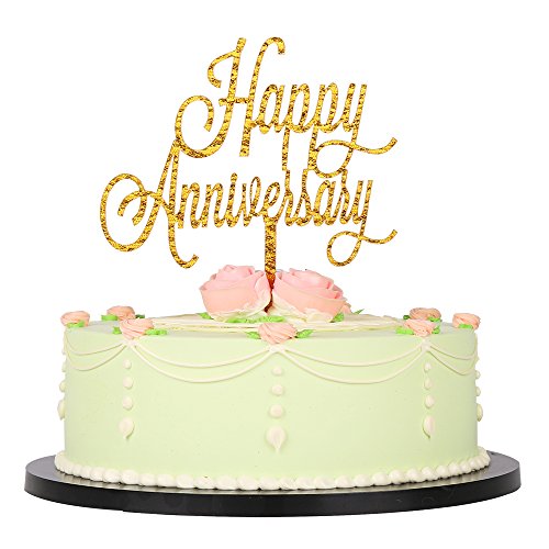 Lveud Gold Glitter Acrylic Happy Anniversary Birthday Cake Toppe