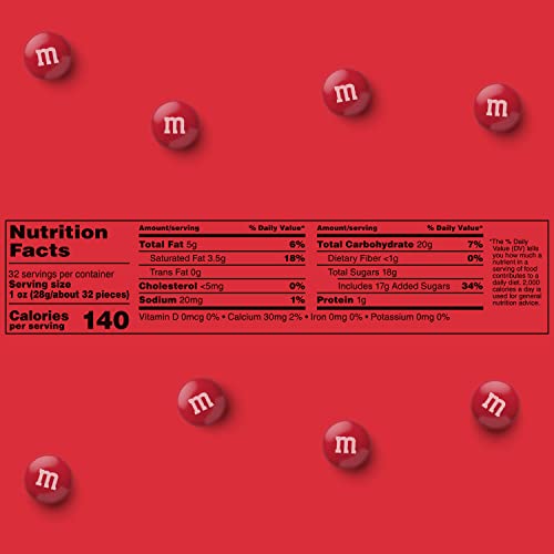M&M’S Red Milk Chocolate Candy, 2lbs of M&MS in Resealable Pack...
