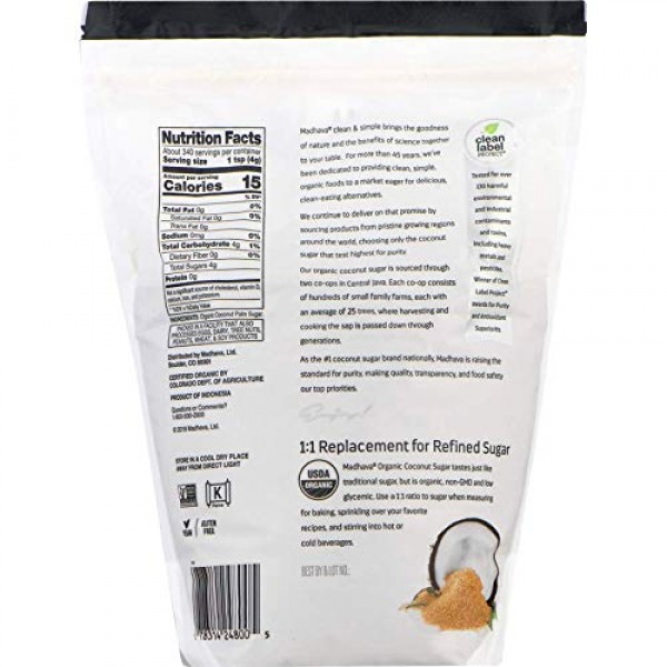 MADHAVA Organic Coconut Sugar 3 Lb. Bag Pack of 1, Natural Swe...