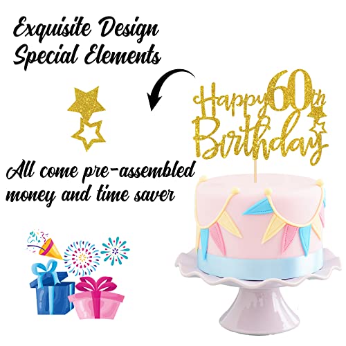 Gold Glitter Happy 60Th Birthday Cake Topper,Hello 60, Cheers To