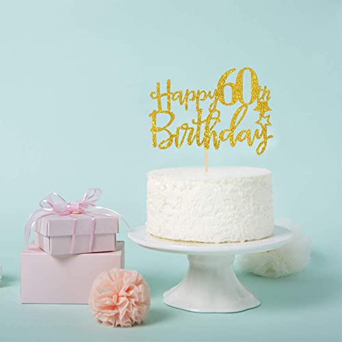 Gold Glitter Happy 60Th Birthday Cake Topper,Hello 60, Cheers To