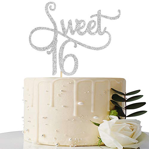Sliver Glitter Sweet 16 Cake Topper -16Th Birthday Cake Topper -