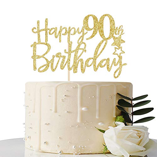 Gold Giltter Happy 90Th Birthday Cake Topper,Hello 90 Cheer To 9