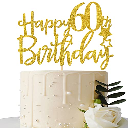 Gold Glitter Happy 60Th Birthday Cake Topper,Hello 60, Cheers To