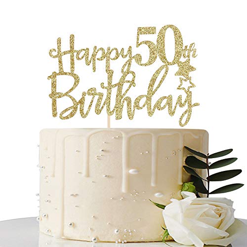 Gold Glitter Happy 50Th Birthday Cake Topper,Hello 50,Cheers To