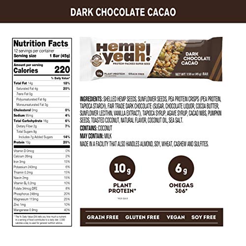 Manitoba Harvest Hemp Yeah! Bars, Dark Chocolate Cacao 12 Bars