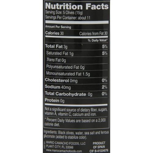 Mario Camacho Foods Low Sodium Black Olives, Medium Pitted, 6.0