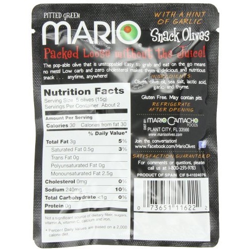 Mario Camacho Foods Pitted Snack Olives, Seasoned Green Garlic O