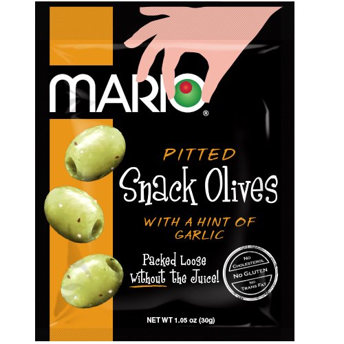 Mario Camacho Foods Pitted Snack Olives, Seasoned Green Garlic O