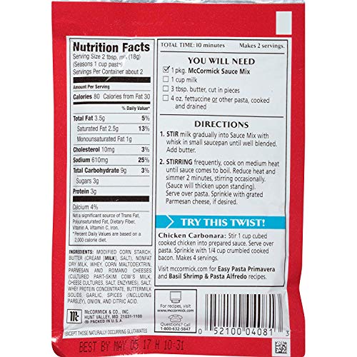 Mccormick Creamy Garlic Alfredo Sauce Mix 1.25 Oz Packets 4 Pack