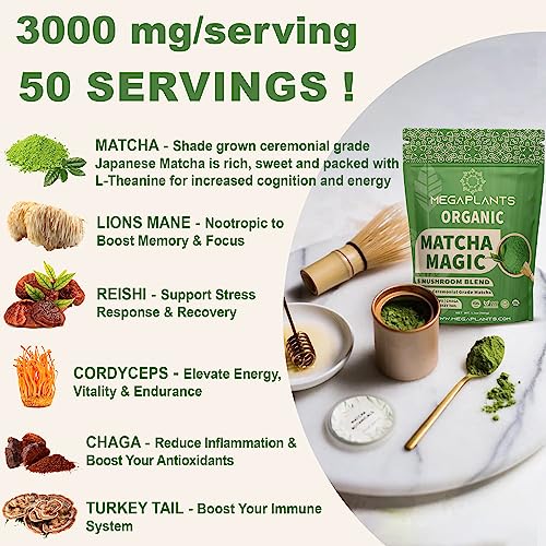 MEGAPLANTS Matcha Magic 50 Servings | Superfood 5 Mushroom Pow...