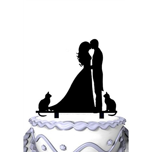 Meijiafei Groom And Bride Kissing And 2 Cats Wedding Cake Topper