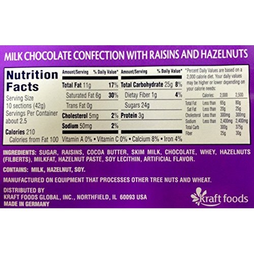 Milka Alpine Milk Chocolate With Raisins And Hazelnuts, 3.52-Oun